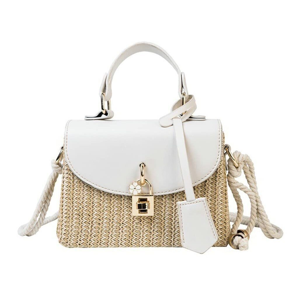 3231 Straw Crossbody Bag Hand Woven Shoulder Bag Leather Top Handle Small